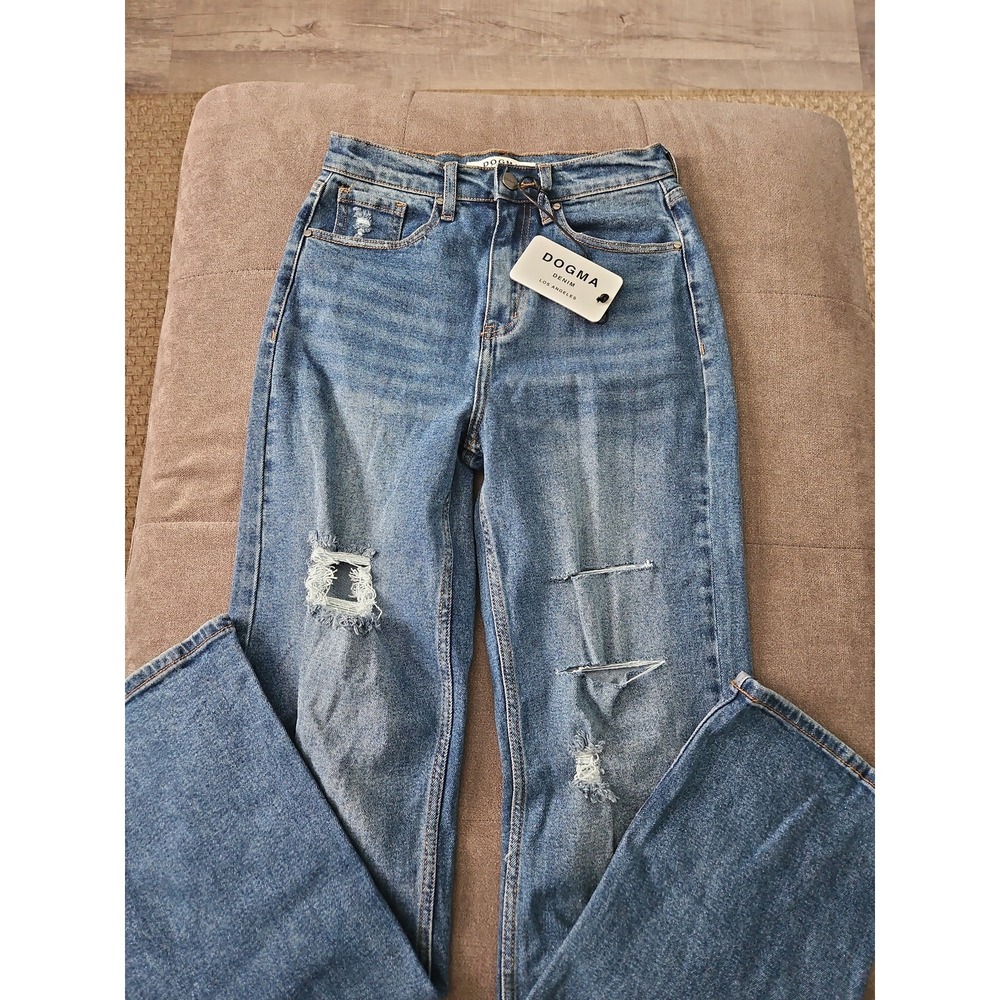 DOGMA Denim High Rise Wide Leg Distressed Jeans NWT Dark Wash Size 1/25